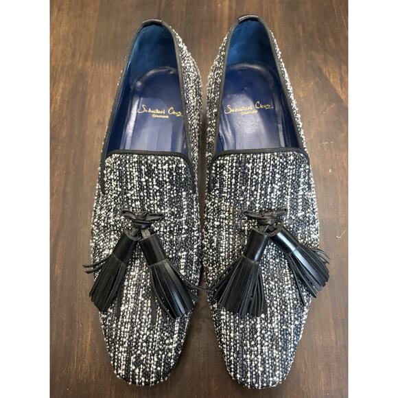Sebastian Cruz Couture Black White Slip Tweed Loafers Tassle 40 Size 7.5 $1295 main image 7